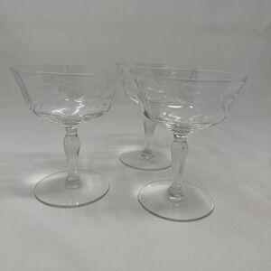 Vintage Set of 3 Etched Glass Floral Coupe Wine Champagne Glasses Dessert